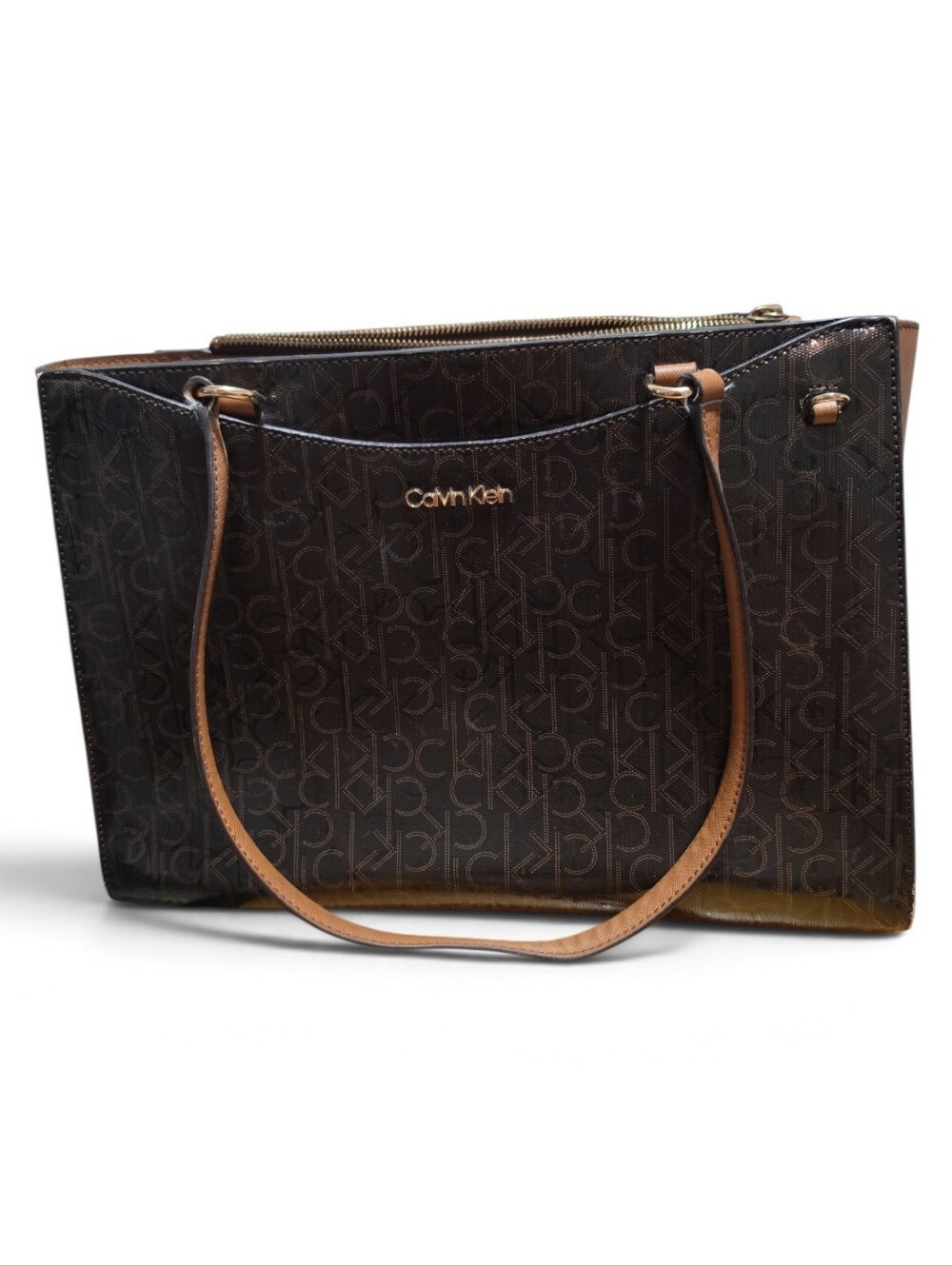 Calvin Klein Brown CK Monogram Tote Bag with Tan Handles
